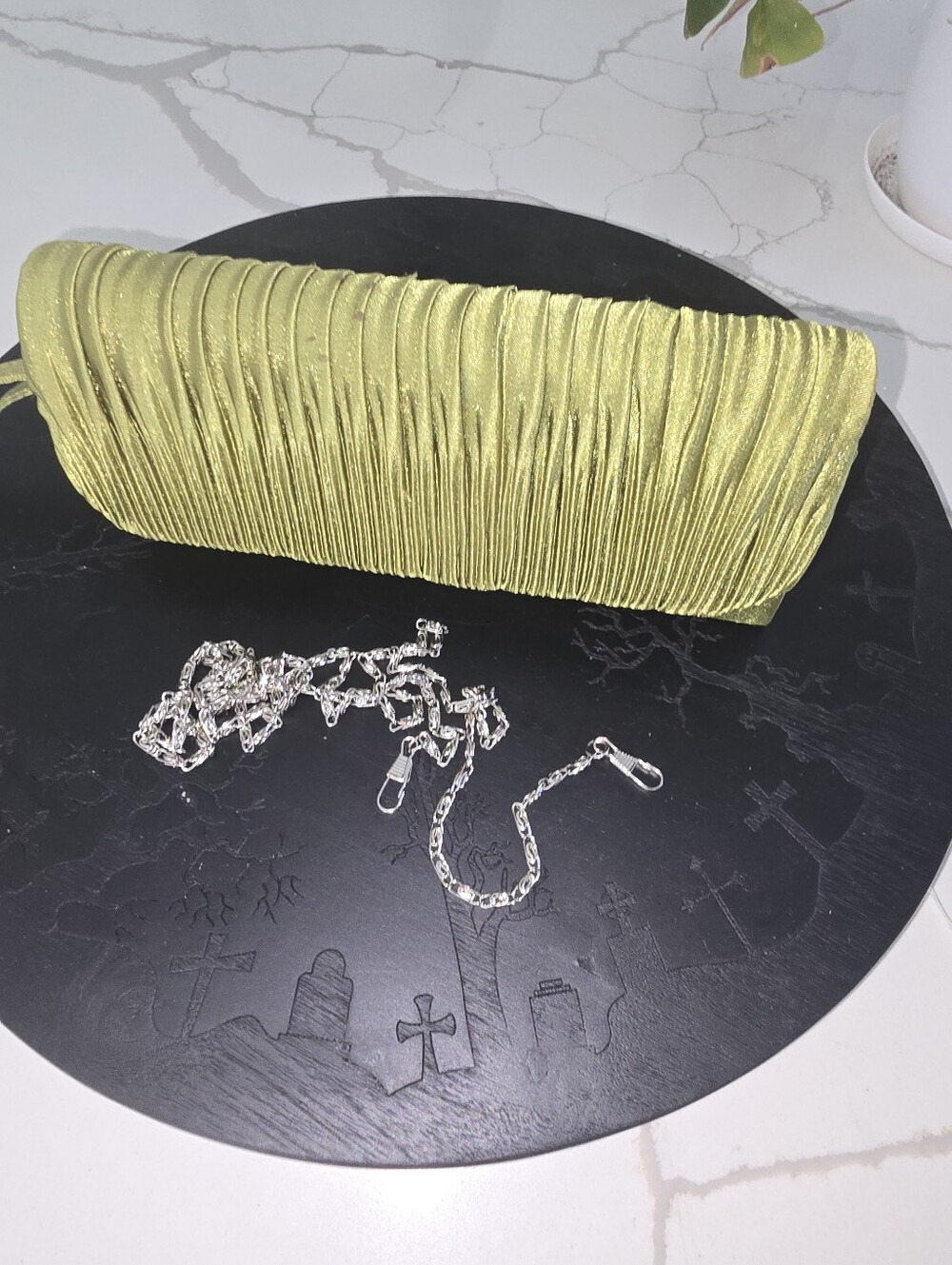 Elegant Pleated Chartreuse Green Evening Clutch with Silver Chain Strap